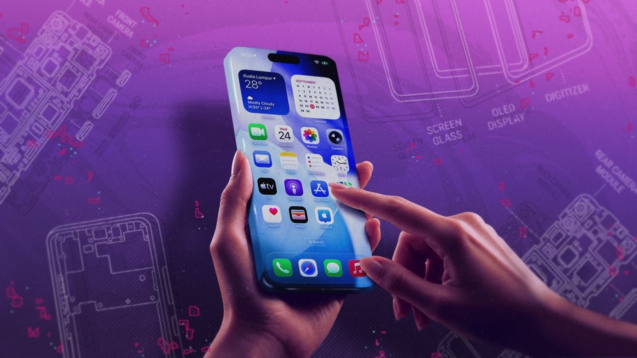 mock-up of iphone made entirely of glass over an illustration of blueprints